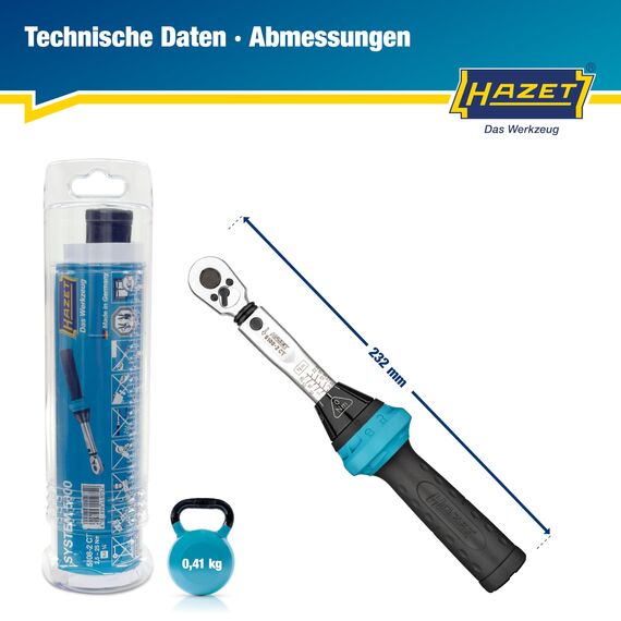Hazet Drehmomentschlüssel 5108-2CT für Fahrräder I Abtrieb: Vierkant 6,3 mm 1/4 Zoll, Toleranz: 4%, 2,5-25 Nm, feine Skaleneinteilung I Umschaltknarre, für Bikes I Werkzeug für Rennrad, 232 mm