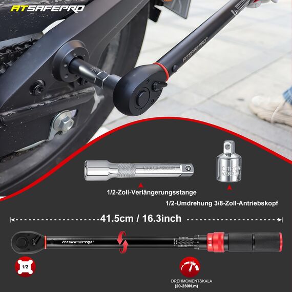 ATsafepro Drehmomentschlüssel 1/2 Zoll, Drehmomentschlüssel Auto 20-230 Nm mit 3/8 Zoll Adapter, hohe Genauigkeit ±3% Geeignet für die Reparatur von Auto, Motorrad und LKW