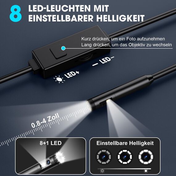 OneAmg Endoskopkamera mit Licht,1920P HD Doppellinse Endoskopkamera Handy mit 8 +1 LED Wasserdichtes IP67 Inspektionskamera Kein WLAN Erforderlich Endoskop Kamera für Android & iOS (16.4 ft/5m)