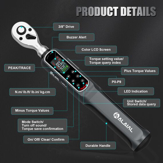 ALAIAL Drehmomentschlüssel Digital 1-60Nm, 3/8 Zoll Digitaler Drehmomentschlüssel mit Vibrationen, LED-Anzeige, Summer, Elektronischer Knarren-Schlüssel für Reparatur von Auto, Motorrad, Fahrrad