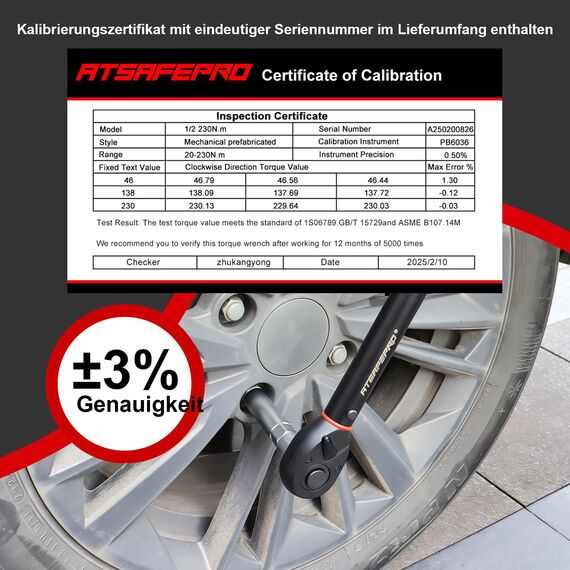 ATsafepro Drehmomentschlüssel 1/2 Zoll, Drehmomentschlüssel Auto 20-230 Nm mit 3/8 Zoll Adapter, hohe Genauigkeit ±3% Geeignet für die Reparatur von Auto, Motorrad und LKW