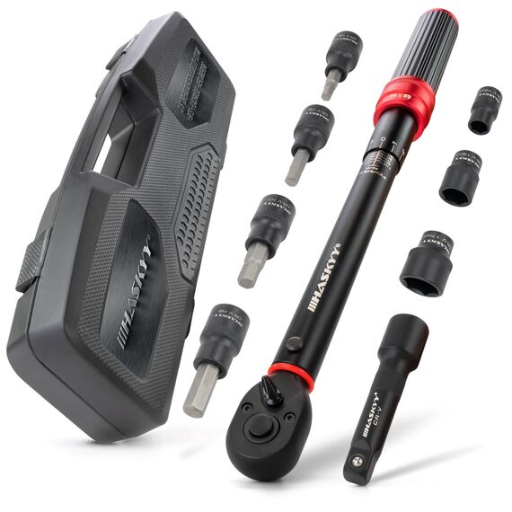 HASKYY Drehmomentschlüssel 3/8" 20-120Nm Flach Nüsse 10 14 17mm Bits H5 H6 H7 H8 H10 Torxbits T40 T45 T50 inkl. Verlängerungsadapter Fahrrad Motorrad E-bike