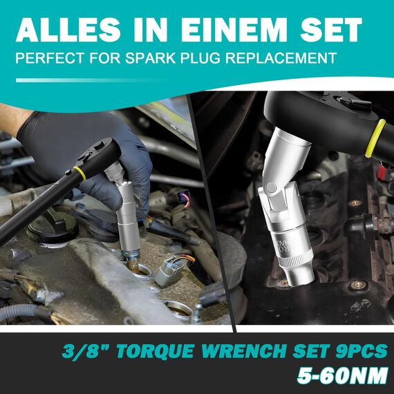 ANPUDS Drehmomentschlüssel 3/8", 5-60Nm Fahrrad & Motorrad Drehmomentschlüssel 9-tlg. Set mit 250mm Verlängerungsstange, 3/8 Universalgelenk, 14mm/16mm Magnetische Zündkerzenhülse, Bits und Socket