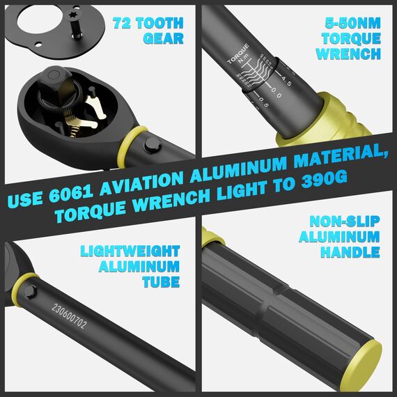 ANPUDS Drehmomentschlüssel 3/8", 5-50Nm Fahrrad & Motorrad Drehmomentschlüssel 27-tlg. Set mit 100/150mm Verlängerungsstange, 3/8"-1/4" Adapter, Zündkerzenhülse, Universalgelenk, Hex und Torx Bits