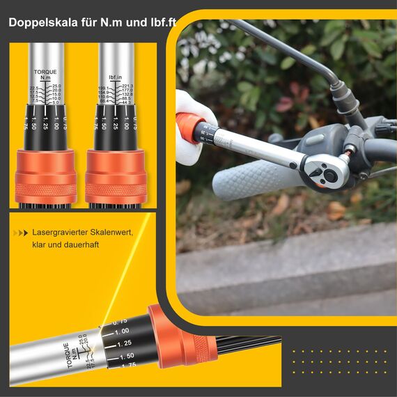 ATsafepro 15PCS Drehmomentschlüssel Fahrrad Set 1/4 Zoll, Drehmomentschlüssel klein 5-25 Nm 72 Zahn Stahl，Motorrad Torque Wrench Klein für Fahrrad und Motorrad Wartung