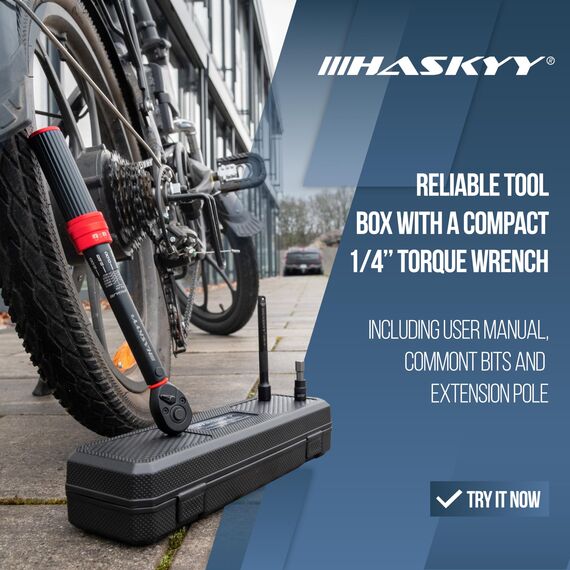 HASKYY Drehmomentschlüssel 1/4" 5-25Nm Set Bits PH1-2-3, FD4, H2-2.5-3-4-5-6-8, T20-25-27-30-4 &100mm Verlängerung Fahrrad Motor Motorrad Quad