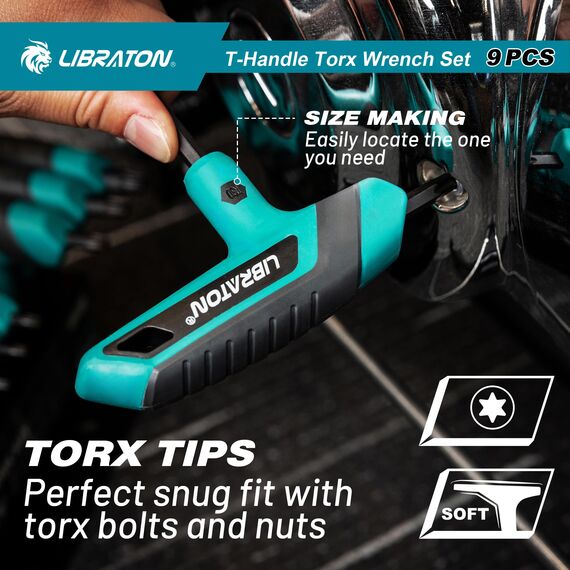 LIBRATON Torx-Schlüsselsatz mit T-Griff, T10-T50 Torx-Sternschlüssel, Design mit zwei Spitzen, Auto-Fahrrad-Reparaturwerkzeug, 9-teilig mit Aufbewahrungsregal