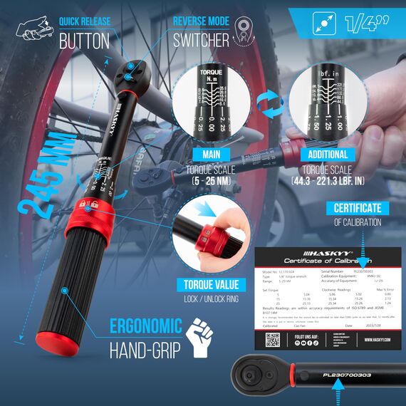 HASKYY Drehmomentschlüssel 1/4" 5-25Nm Set Bits PH1-2-3, FD4, H2-2.5-3-4-5-6-8, T20-25-27-30-4 &100mm Verlängerung Fahrrad Motor Motorrad Quad