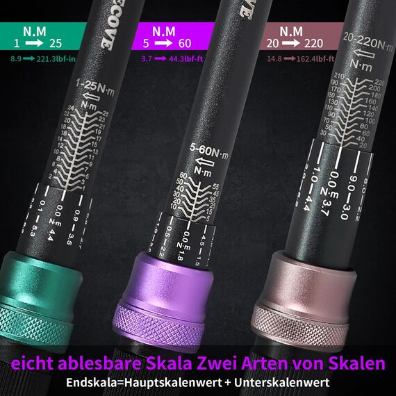 UYECOVE Drehmomentschlüssel Set, 3 teilig Drehmomentschlüssel 1/4" 1-25Nm, 3/8" 5-60Nm, 1/2" 20-220Nm, ±3% Fehlergenauigkeit,1/2“ to 3/8" Adapter