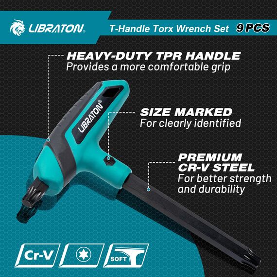 LIBRATON Torx-Schlüsselsatz mit T-Griff, T10-T50 Torx-Sternschlüssel, Design mit zwei Spitzen, Auto-Fahrrad-Reparaturwerkzeug, 9-teilig mit Aufbewahrungsregal