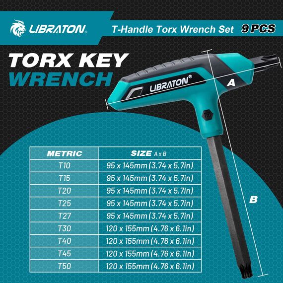 LIBRATON Torx-Schlüsselsatz mit T-Griff, T10-T50 Torx-Sternschlüssel, Design mit zwei Spitzen, Auto-Fahrrad-Reparaturwerkzeug, 9-teilig mit Aufbewahrungsregal