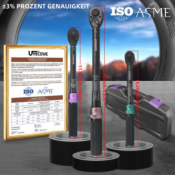 UYECOVE Drehmomentschlüssel Set, 3 teilig Drehmomentschlüssel 1/4" 1-25Nm, 3/8" 5-60Nm, 1/2" 20-220Nm, ±3% Fehlergenauigkeit,1/2“ to 3/8" Adapter