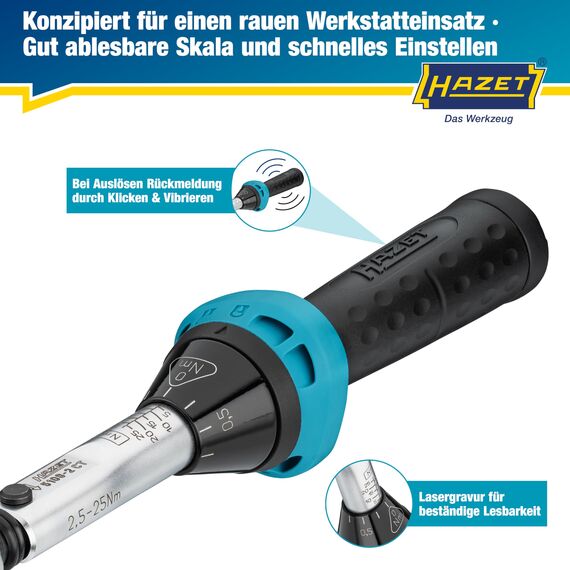 Hazet Drehmomentschlüssel 5108-2CT für Fahrräder I Abtrieb: Vierkant 6,3 mm 1/4 Zoll, Toleranz: 4%, 2,5-25 Nm, feine Skaleneinteilung I Umschaltknarre, für Bikes I Werkzeug für Rennrad, 232 mm