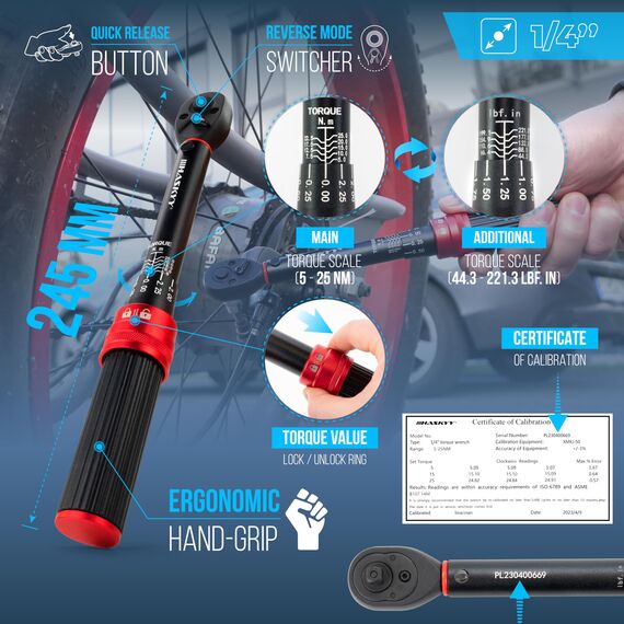 HASKYY Drehmomentschlüssel 1/4" 5-25Nm Fahrrad Motor Motorrad Quad Drehmoment Ratsche Knarre Schlüssel