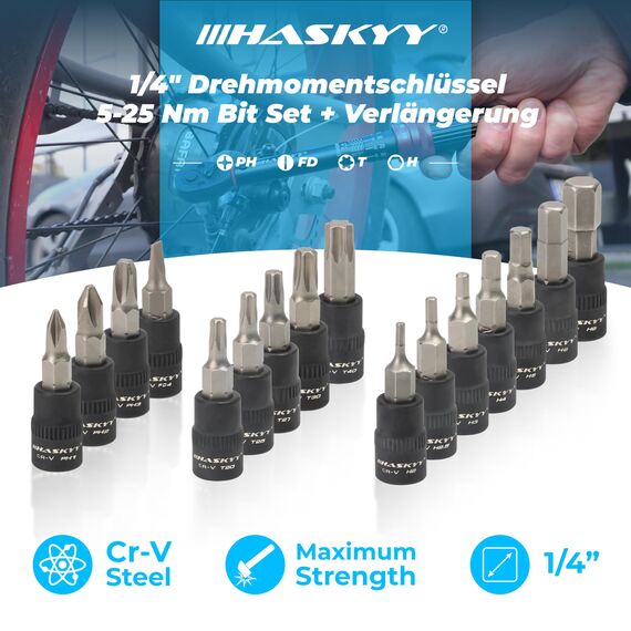 HASKYY Drehmomentschlüssel 1/4" 5-25Nm Set Bits PH1-2-3, FD4, H2-2.5-3-4-5-6-8, T20-25-27-30-4 &100mm Verlängerung Fahrrad Motor Motorrad Quad