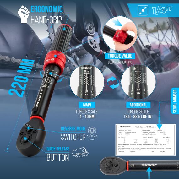 HASKYY Drehmomentschlüssel 1/4 Zoll 1-10Nm Präzisions Fahrrad E-Bike Motor Industrie Micro Drehmoment Ratsche Schlüssel ISO-kalibriert in 0,1er Schritten
