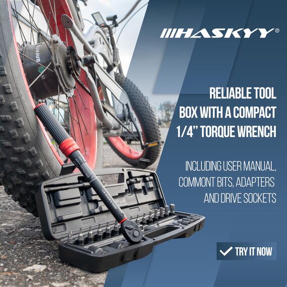 HASKYY Drehmomentschlüssel 1/4" 2-25Nm Nüsse 7 8 10 11 13 14mm Bits H2-H10 Torxbits T10 T15 T20 T25 T30 inkl. Verlängerungsadapter Adapter Fahrrad Motorrad E-bike