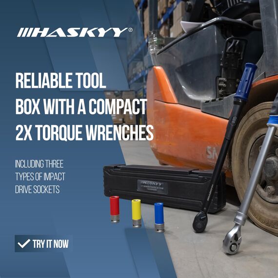 HASKYY Radwechsel Set Drehmomentschlüssel 1/2" 40-210Nm mit Teleskopratsche 460-610mm 768Nm inkl. Schlagnüsse Satz SW 17, 19, 21 KFZ Industrie Motorrad Auto