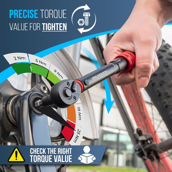 HASKYY Drehmomentschlüssel 1/4" 2-25Nm Nüsse 7 8 10 11 13 14mm Bits H2-H10 Torxbits T10 T15 T20 T25 T30 inkl. Verlängerungsadapter Adapter Fahrrad Motorrad E-bike