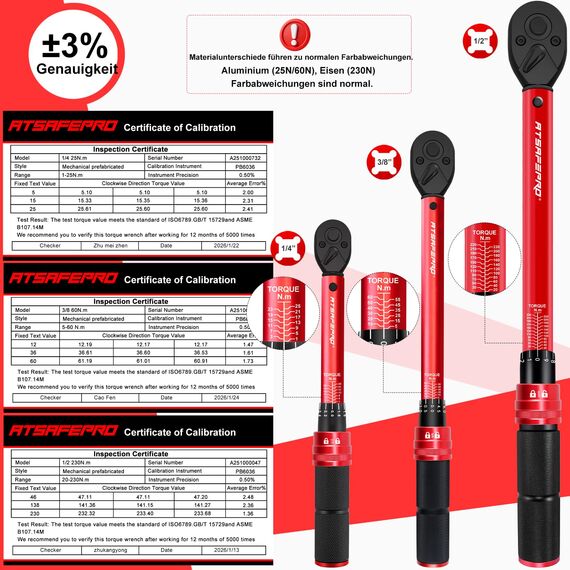 ATsafepro 6-tlg Drehmomentschlüssel Set 1/4", 3/8", 1/2",Drehmomentschlüssel Fahrrad 1-25Nm, 5-60Nm, 20-230Nm mit 72-Zahn-Ratsche, ±3% Genauigkeit & 3 Steckdosenadapter für Motorrad, Auto,Fahrrad