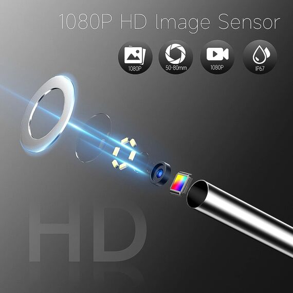 Zealtron Endoskopkamera beweglicher Kopf mit LED Licht, 5 Zoll IPS Industrielles Endoskop, 6.2mm Rohr Endoskop für Auto/Wand Inspektion.