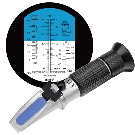 HHTEC Frostschutz Refraktometer 4-in-1 – Kühlmittel, Batterie, Scheibenwasser & AdBlue prüfen – KFZ Tester für Auto Wartung mit ATC