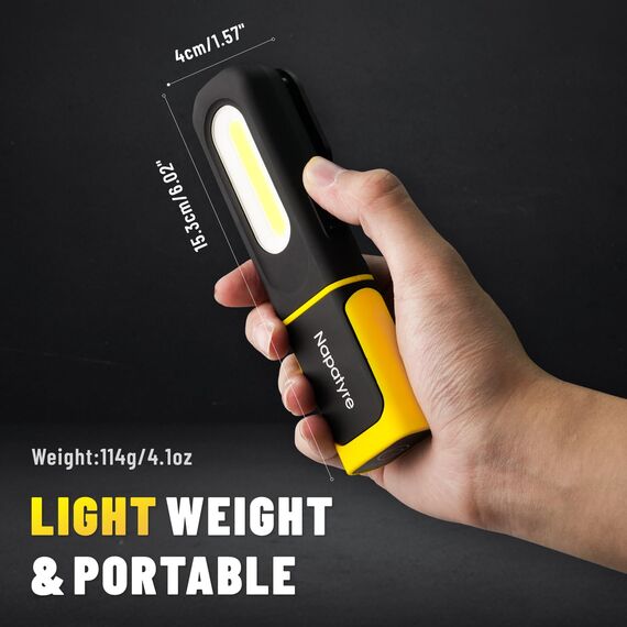 Napatyre Arbeitsleuchte LED Akku, 800LM Werkstattlampe mit Haken und Magnetfuß, 360° Drehbare 3 Lichtmodi Taschenlampe Werkstatt Handlampe für Auto Reparatur Camping Notfall (1 Stück)