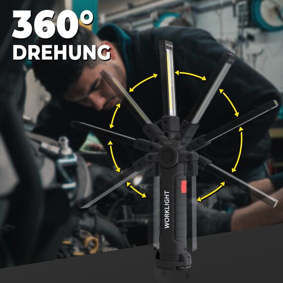 Werkstattlampe LED Akku im 2er Set – magnetische Arbeitsleuchte mit Haken, 350 lm, 360° drehbar, klappbar, USB-C, bis zu 4 Std., wasserdicht, für KFZ, Werkstatt, Camping & Notfall