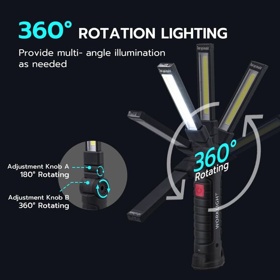 Tolesum 2er Set LED Arbeitsleuchte Wiederaufladbar: Werkstattlampe mit Magnetfuß & Haken-5 Modi USB Taschenlampe, 360° Drehbar & Klappbar Inspektionslampe für KFZ Reparatur,Werkstatt,Camping,Notfall