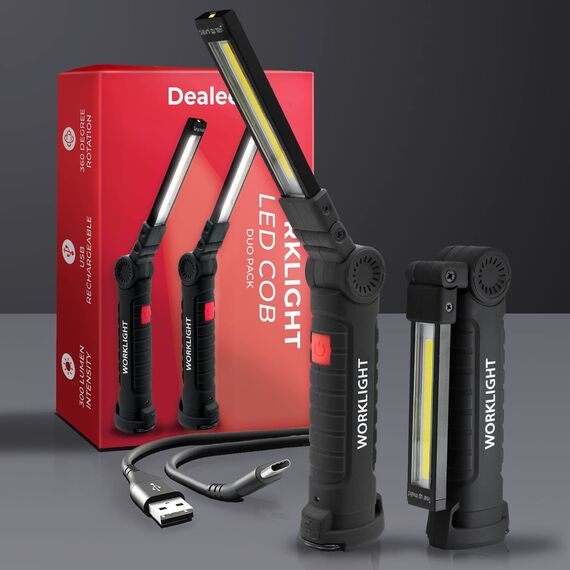 Werkstattlampe LED Akku im 2er Set – magnetische Arbeitsleuchte mit Haken, 350 lm, 360° drehbar, klappbar, USB-C, bis zu 4 Std., wasserdicht, für KFZ, Werkstatt, Camping & Notfall