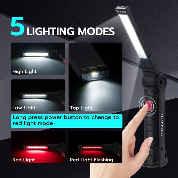 Tolesum 2er Set LED Arbeitsleuchte Wiederaufladbar: Werkstattlampe mit Magnetfuß & Haken-5 Modi USB Taschenlampe, 360° Drehbar & Klappbar Inspektionslampe für KFZ Reparatur,Werkstatt,Camping,Notfall