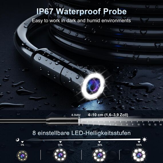 SKYBASIC Industrie-Endoskop, 4,3-Zoll IPS Digitales Endoskopkamera,1080P HD Kamera mit 8 LED-Lichtern, IP67 wasserdichtes Schlangenkamera, Inspektionskamera für Rohre, Autos, Wände, Bohrungen –10M