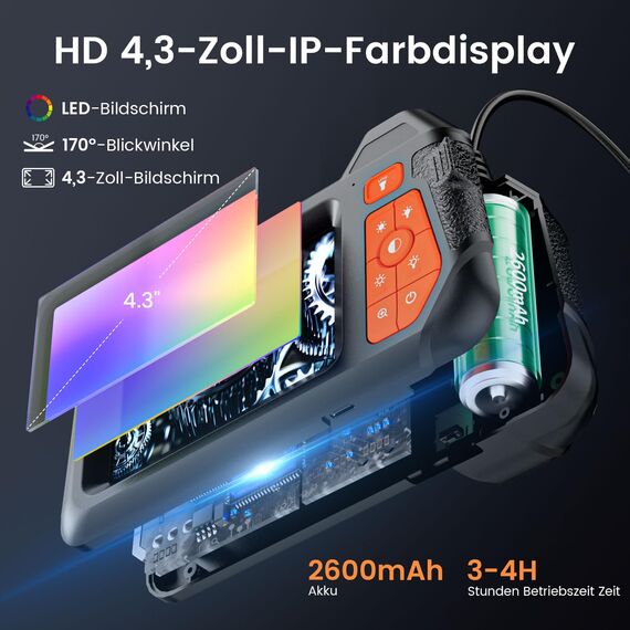 HSSNS Dual Lens Endoskopkamera 5m, Werkstatt Endoskop mit 4.3-Zoll-IPS- Bildschirm, 8mm IP67 wasserdichte Inspektionskamera, 1080P HD Endoskope Kamera, Rohrkamera, Kanalkamera, 2600mAh Batterie