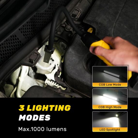 Napatyre LED Arbeitsleuchte Taschenlampe,1000 Lumen 3 Modi Superhell LED Werkstattlampe mit Magnetfuß und Schwanenhals, COB Inspektionslampe für Auto Reparatur, Werkstatt, Garage
