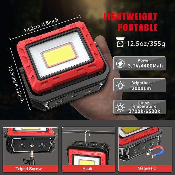 AuRiver LED Arbeitsleuchte, 2000 Lumen Super Helle Werkstattlampe, Akku Lampe Inspektionslampe und Powerbank mit Magnetfuß und 180° Drehbar, für Garage Werkstatt Camping Grill Wandern