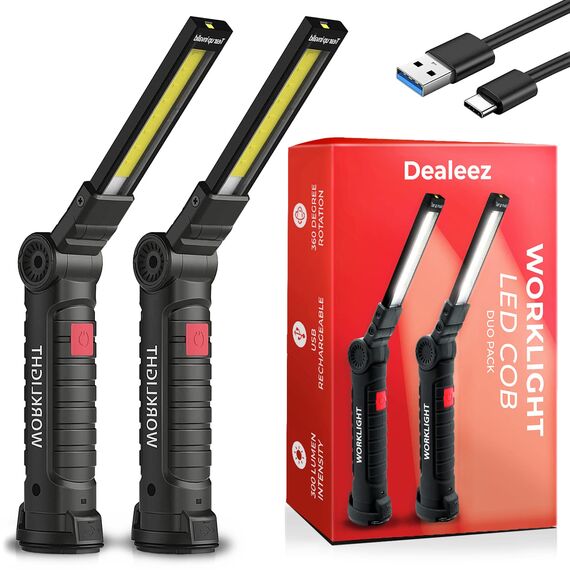 Werkstattlampe LED Akku im 2er Set – magnetische Arbeitsleuchte mit Haken, 350 lm, 360° drehbar, klappbar, USB-C, bis zu 4 Std., wasserdicht, für KFZ, Werkstatt, Camping & Notfall
