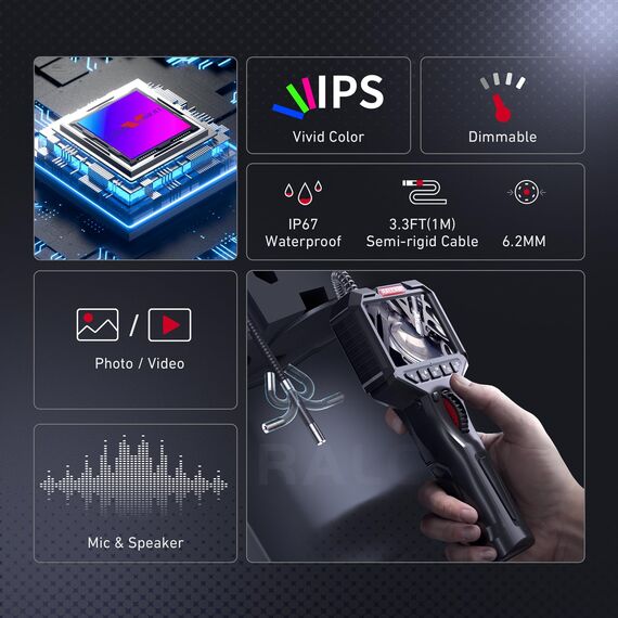 Ralcam Endoskopkamera mit Licht Endoscope Camera - Endoskop 6,2mm Inspektionskamera 3,5" HD 720P Rohrkamera, Kameras mit 6 LED, IP67 Wasserdicht 1M Halbsteifes Kabel Teleskopkamera Kfz Werkzeug