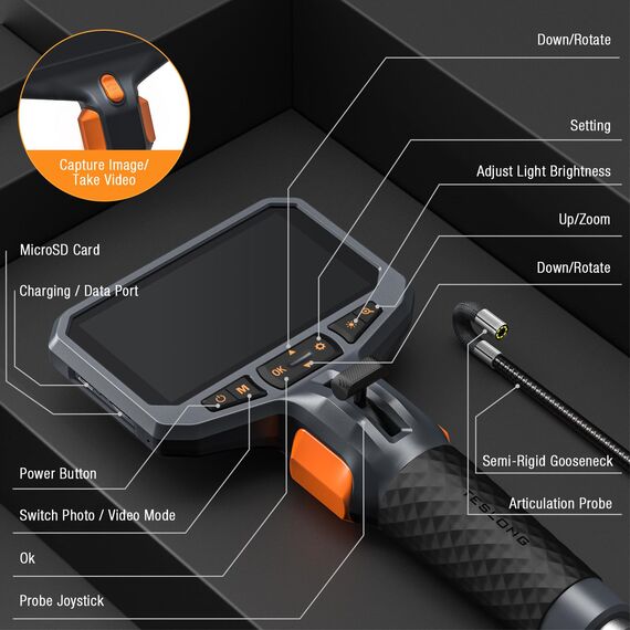 Teslong 1080P Endoskopkamera mit Licht, 4,5 Zoll LCD-Bildschirm Endoskopkamera Beweglicher Kopf, 8,5mm Drehbar Endoskopkamera, Endoskop Kamera, Inspektionskamera Rohrkamera Kanalkamera (1,55 Meter)