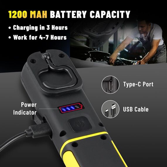 Napatyre Arbeitsleuchte LED Akku, 800LM Werkstattlampe mit Haken und Magnetfuß, 360° Drehbare 3 Lichtmodi Taschenlampe Werkstatt Handlampe für Auto Reparatur Camping Notfall (1 Stück)