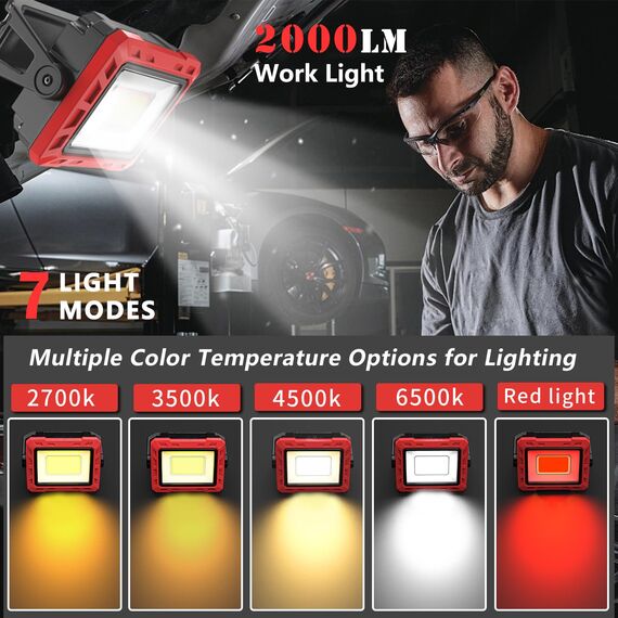AuRiver LED Arbeitsleuchte, 2000 Lumen Super Helle Werkstattlampe, Akku Lampe Inspektionslampe und Powerbank mit Magnetfuß und 180° Drehbar, für Garage Werkstatt Camping Grill Wandern