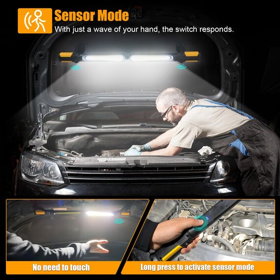 SYLSTAR Werkstattlampe LED mit Sensorsteuerung, 2400LM Motorraumleuchte mit 3 Helligkeitsmodi, 4400mAh LED Arbeitsleuchte mit Magnet und Haken, für Werkstatt,Autoreparatur,Garage,Camping und Notfälle