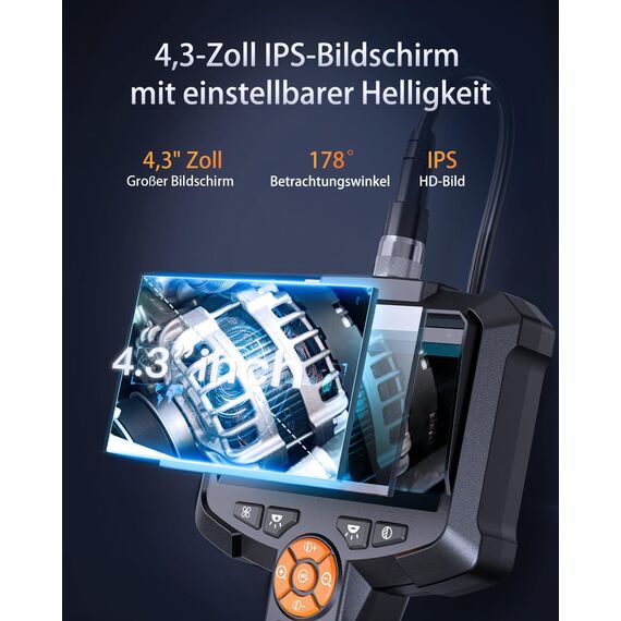 Dual Lens Endoskopkamera mit Licht, AOPICK 8mm IP67 wasserdichte Endoskop, 4.3" IPS Bildschirm Inspektionskamera, 1080P HD Rohrkamera mit 8 Einstellbaren LEDs, 16.5FT/5M Halbstarres Kabel