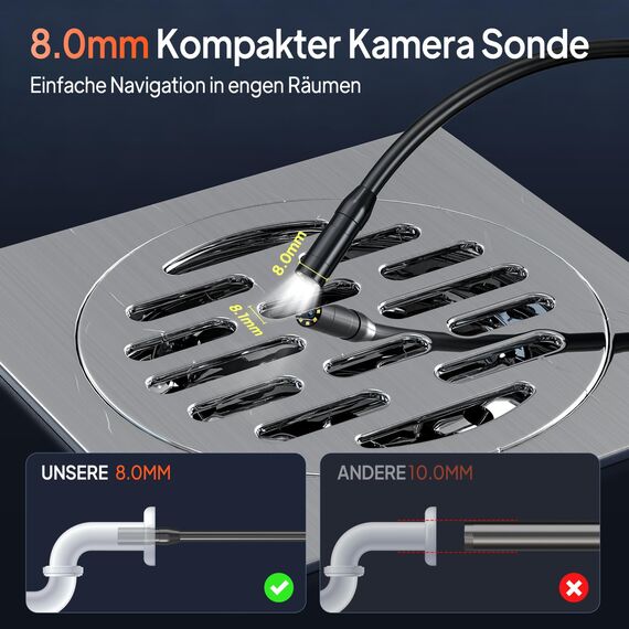 Endoskopkamera mit Licht, AOPICK 8mm IP67 wasserdichte Endoskop, 4.3" IPS Bildschirm Inspektionskamera, 1080P HD Rohrkamera mit 8 Einstellbaren LEDs, 16.5FT/5M Halbstarres Kabel, Werkzeug für Männer