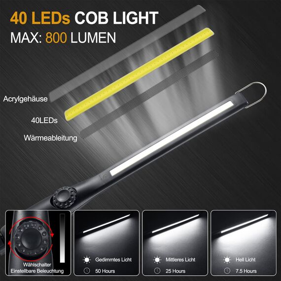 ORHOMELIFE LED Arbeitsleuchte Akku- 800LM LED Stablampe Handlampe Werkstattlampe Inspektionsleuchten mit Haken zum Aufhängen & Magnet Basis für Auto Reparatur, Werkstatt, Notbeleuchtung