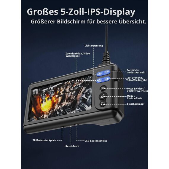 Acoath Endoskopkamera mit Licht 5M, Dual-Lens 1080P HD Industrie Endoskop mit 8 LEDs, 5.0-Zoll-IPS-Bildschirm Inspektionskamera, IP67 Wasserdicht 32GB SD-Karte Rohrkamera mit Halbstarres Kabel