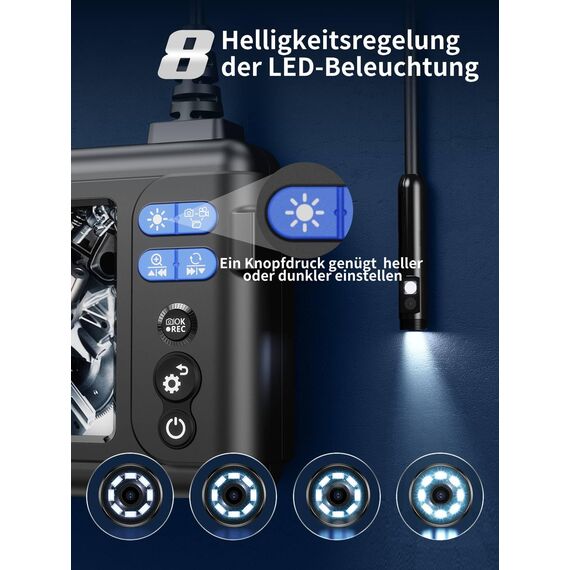 Acoath Endoskopkamera mit Licht 5M, Dual-Lens 1080P HD Industrie Endoskop mit 8 LEDs, 5.0-Zoll-IPS-Bildschirm Inspektionskamera, IP67 Wasserdicht 32GB SD-Karte Rohrkamera mit Halbstarres Kabel