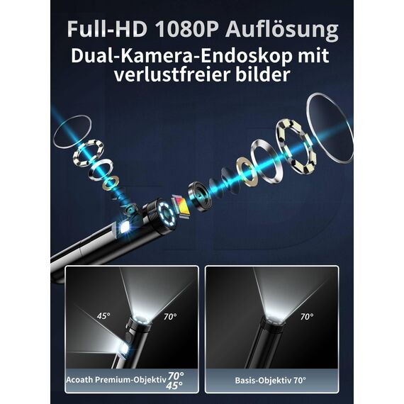 Acoath Endoskopkamera mit Licht 5M, Dual-Lens 1080P HD Industrie Endoskop mit 8 LEDs, 5.0-Zoll-IPS-Bildschirm Inspektionskamera, IP67 Wasserdicht 32GB SD-Karte Rohrkamera mit Halbstarres Kabel
