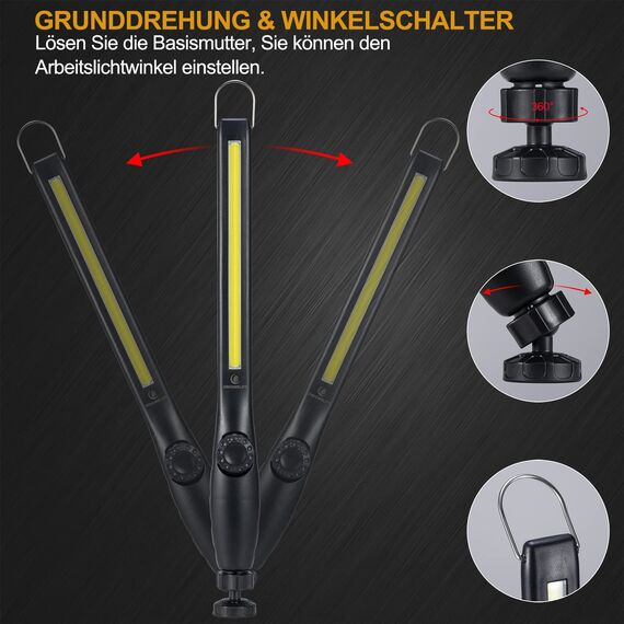ORHOMELIFE LED Arbeitsleuchte Akku- 800LM LED Stablampe Handlampe Werkstattlampe Inspektionsleuchten mit Haken zum Aufhängen & Magnet Basis für Auto Reparatur, Werkstatt, Notbeleuchtung