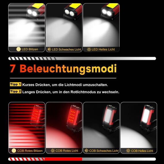 Daphomeu COB Arbeitsleuchte, Ultrahelle LED Taschenlampe & Werkstattlampe, Rotem Notlicht mit Drehbar Magnetfuß, Wiederaufladbar Inspektionslampe für Autoreparaturen, Werkstatt und Camping