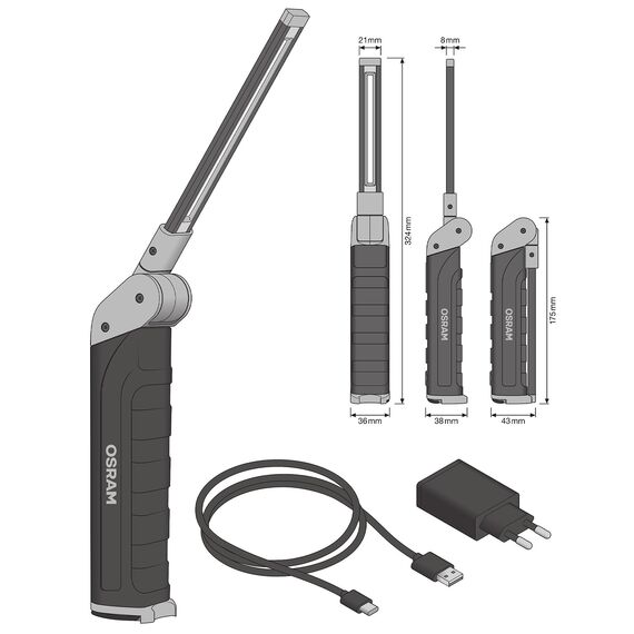 Osram LEDIL406 LEDinspect Fast Charge SLIM500, schlanke Inspektionsleuchte, 5700K, wiederaufladbare LED Arbeitsleuchte, magnetisch, biegsam, inkl. Haken